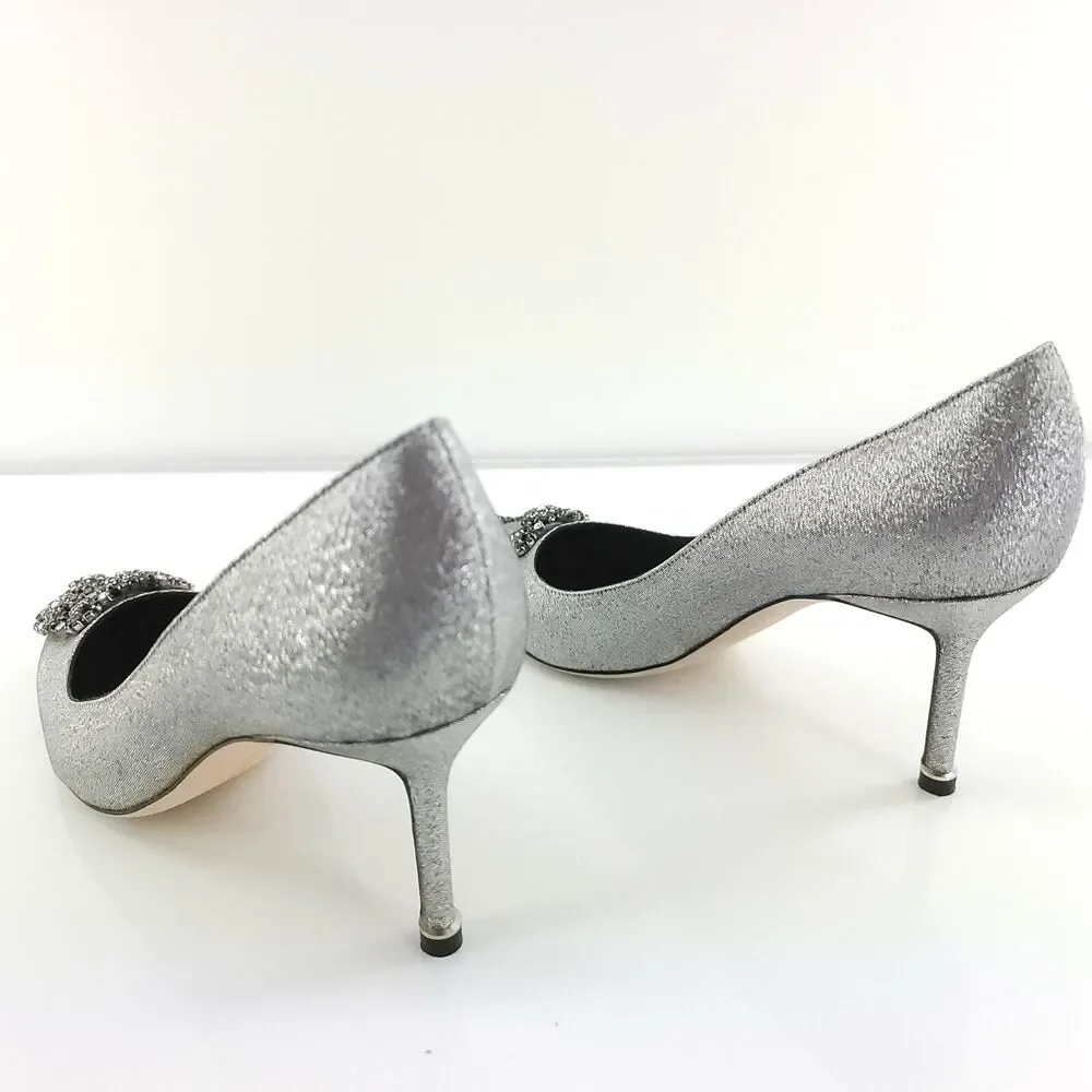 Manolo Blahnik Metallic Silver Hangisi 80 mm Notturno SZ 38 Pointy Glitter $1085